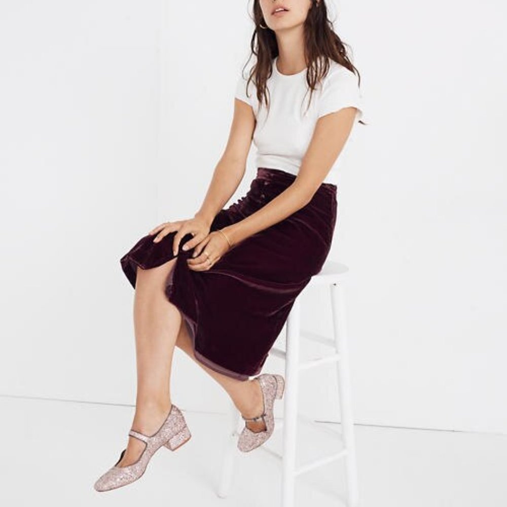 Madewell velvet button-front midi skirt